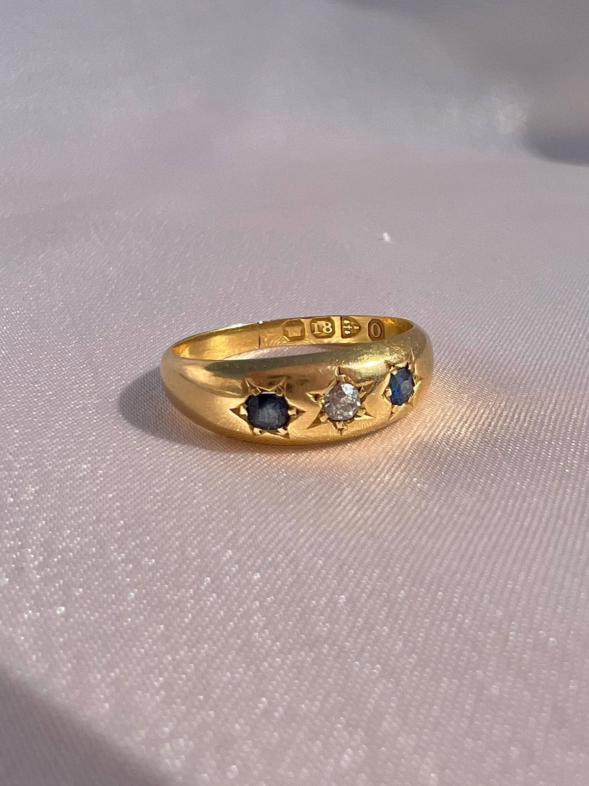 Antique 18k Sapphire Diamond Trilogy Gypsy Ring 1897