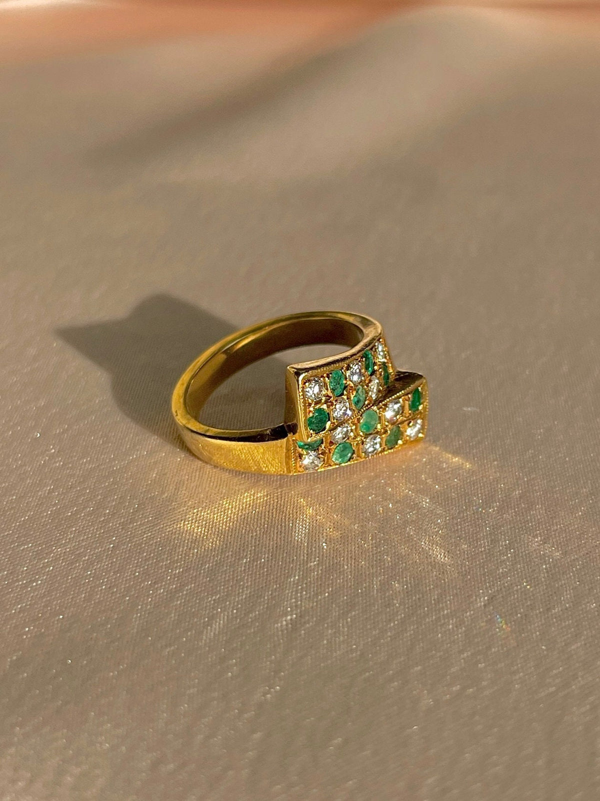 Vintage 18k Emerald Diamond Checkered Bypass Ring