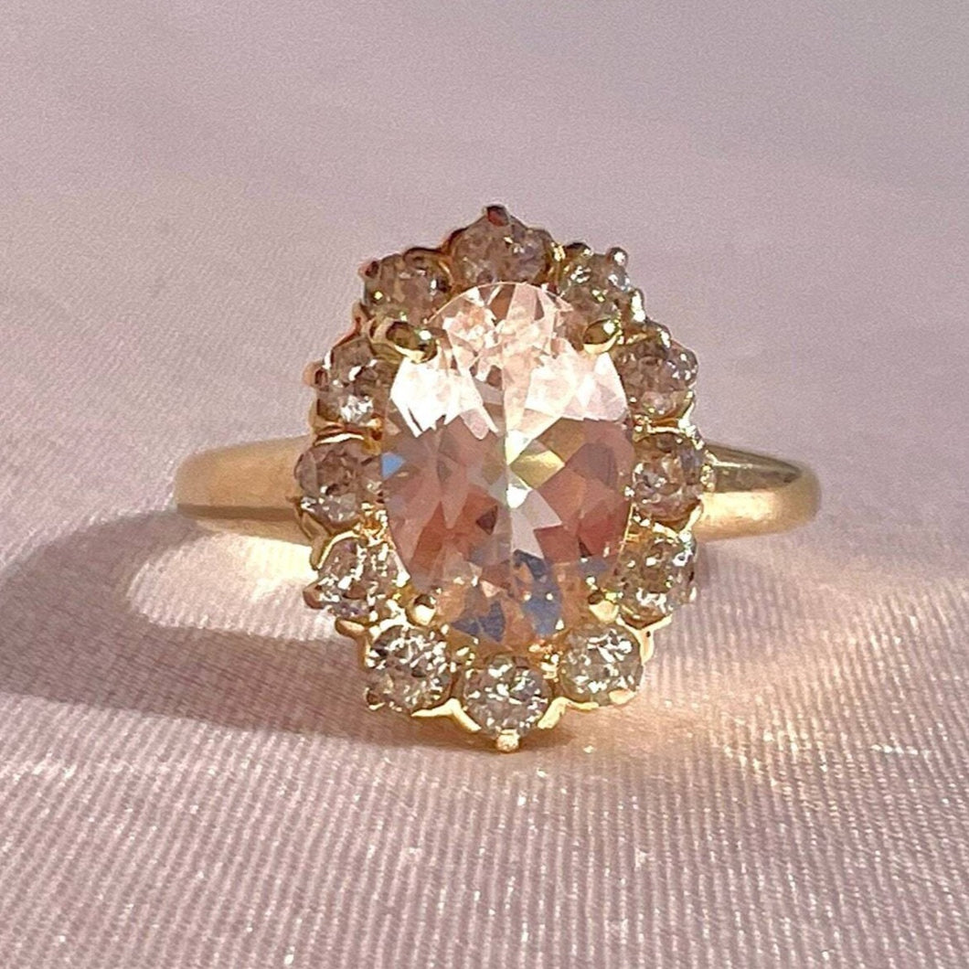 Antique + Vintage 14k Morganite Old Mine Diamond Halo Ring
