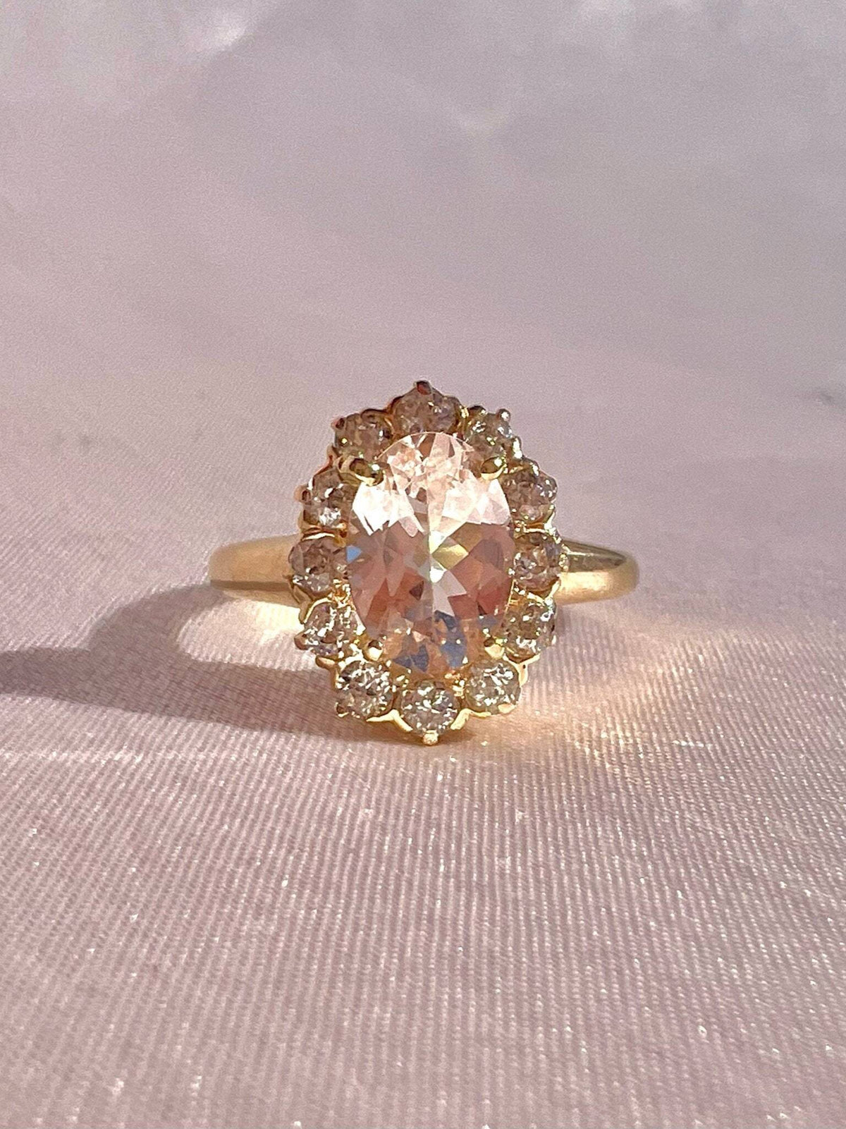 Antique + Vintage 14k Morganite Old Mine Diamond Halo Ring