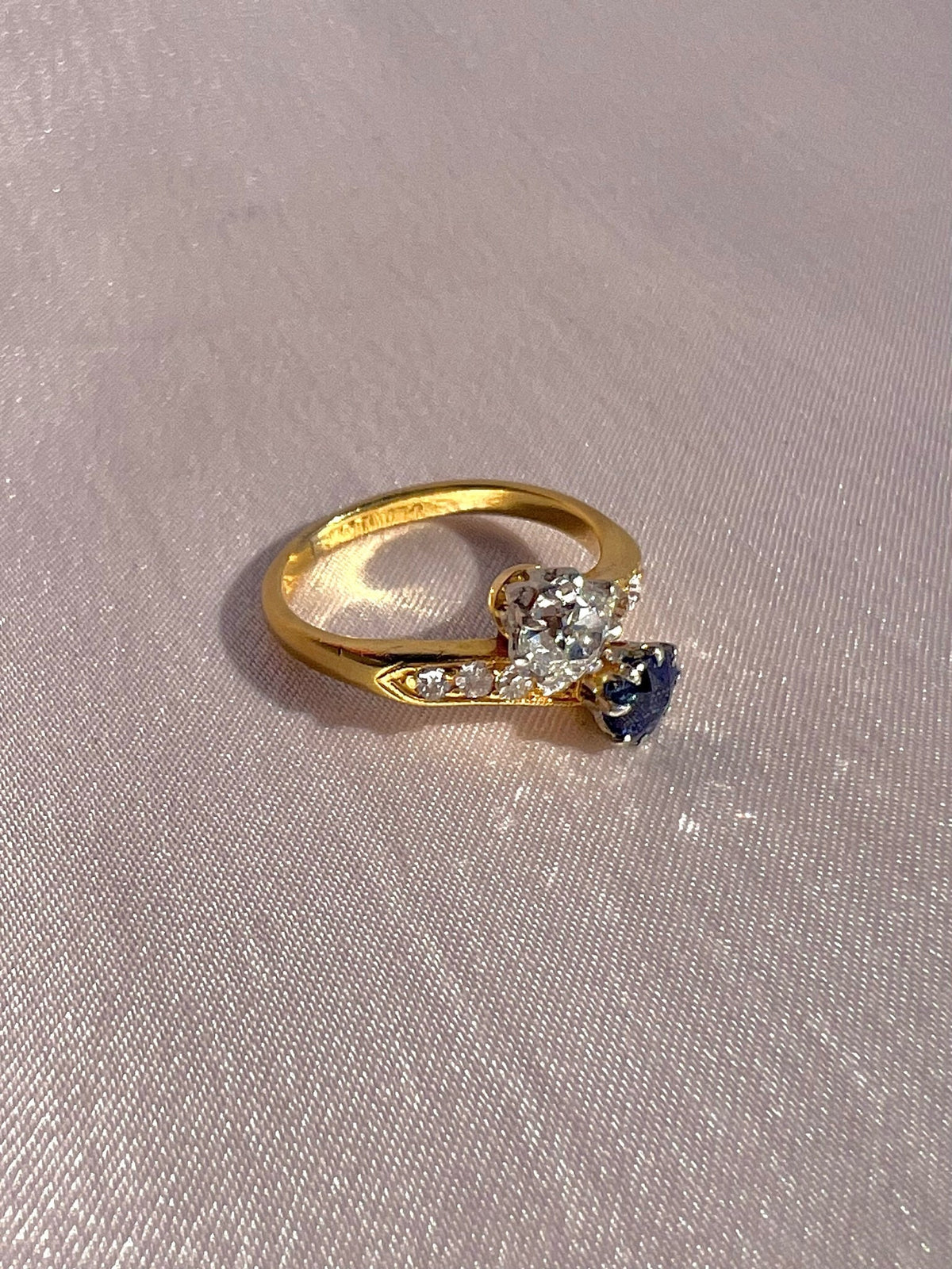 Antique 18k Diamond Sapphire Toi Et Moi Bypass Ring