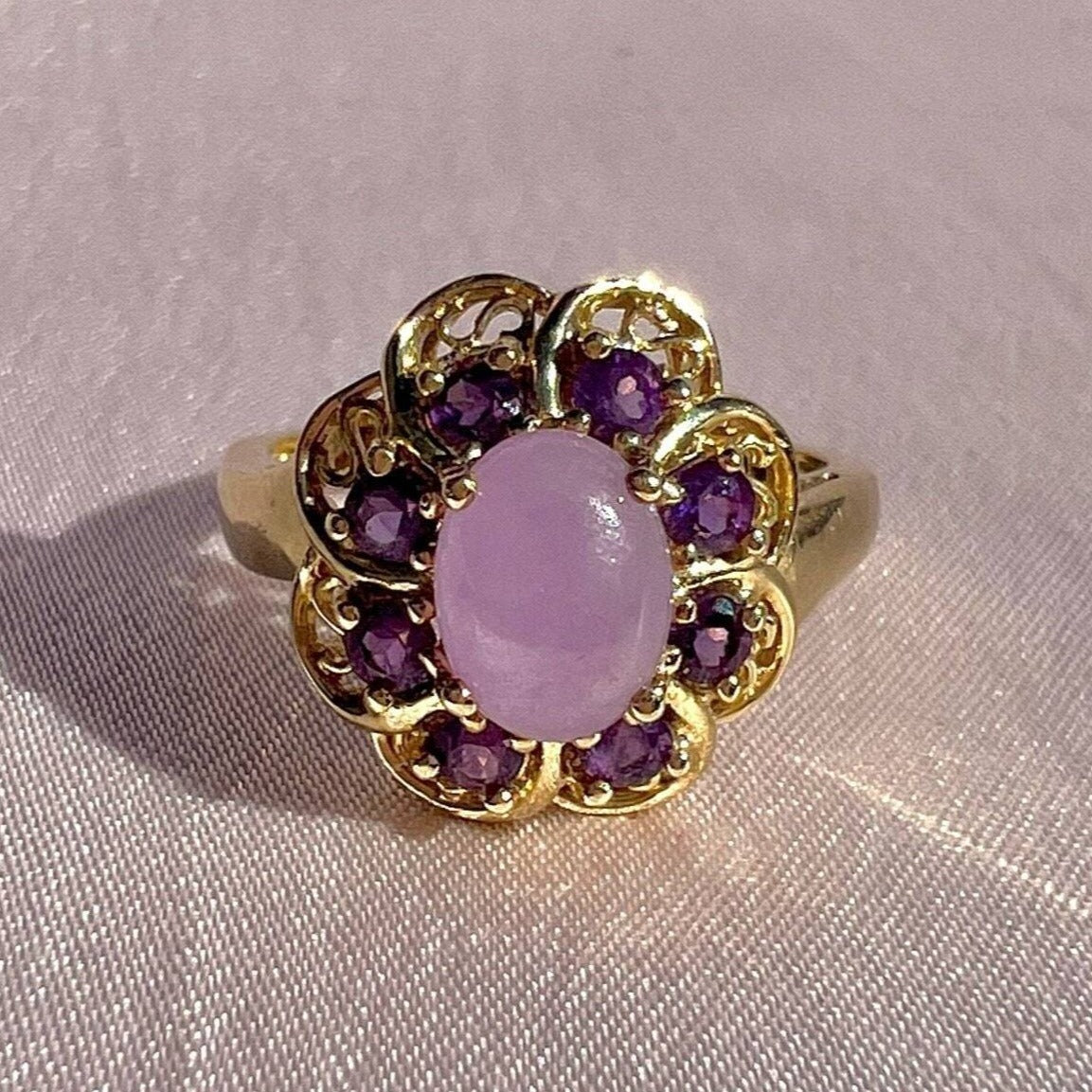 Vintage 9k Lavender Fluorite Amethyst Floral Cluster Ring
