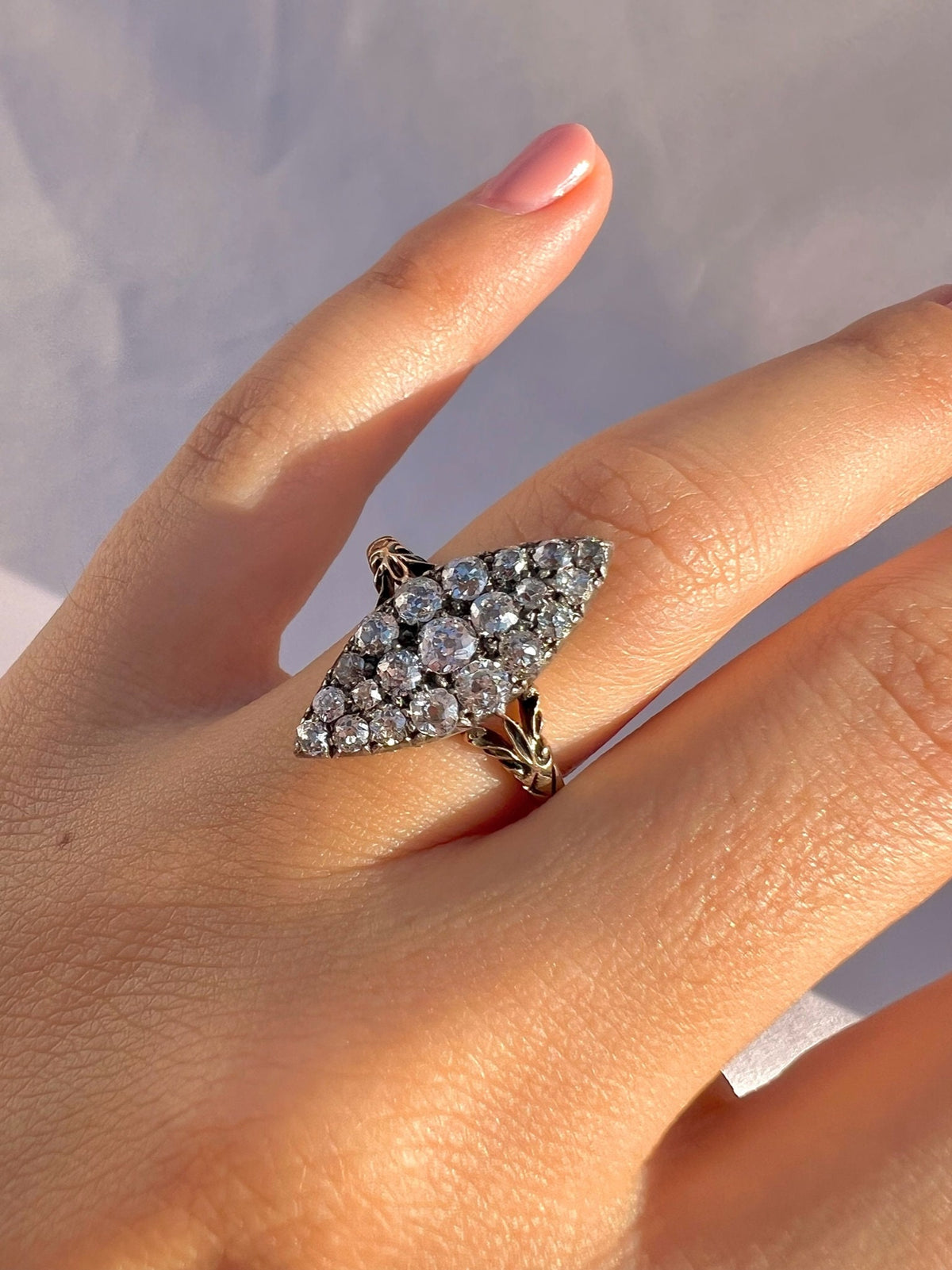 Antique 14k Old Cut Diamond Navette Cluster Ring