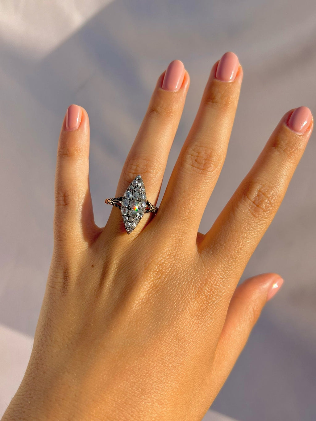Antique 14k Old Cut Diamond Navette Cluster Ring