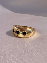 Load image into Gallery viewer, Vintage 9k Sapphire Trilogy Wide Gypsy Ring
