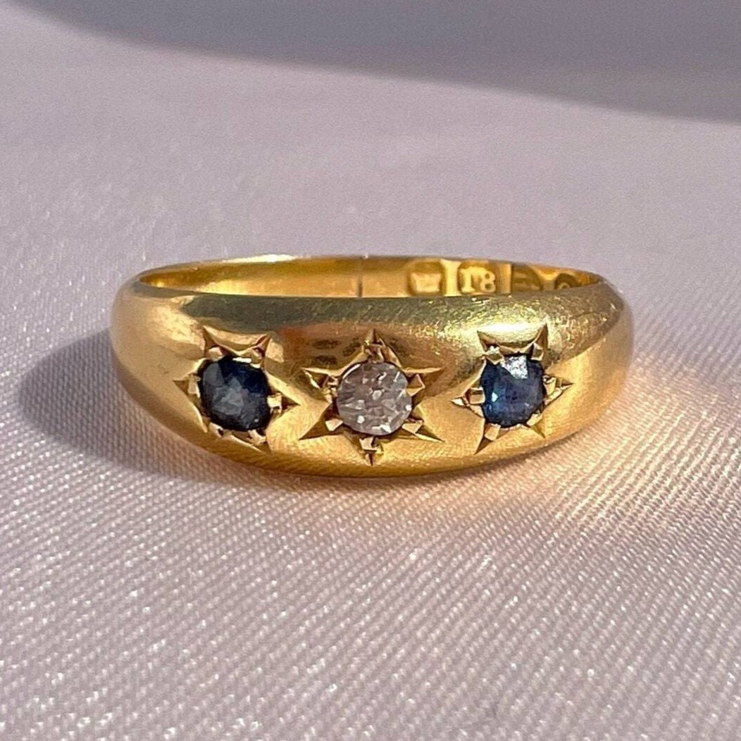 Antique 18k Sapphire Diamond Trilogy Gypsy Ring 1897