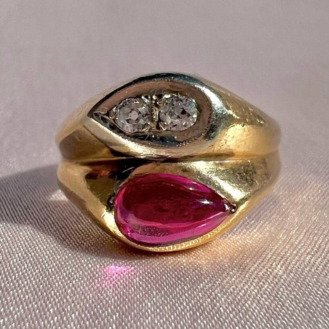 Vintage 14k Synth Ruby Diamond Ring 1951