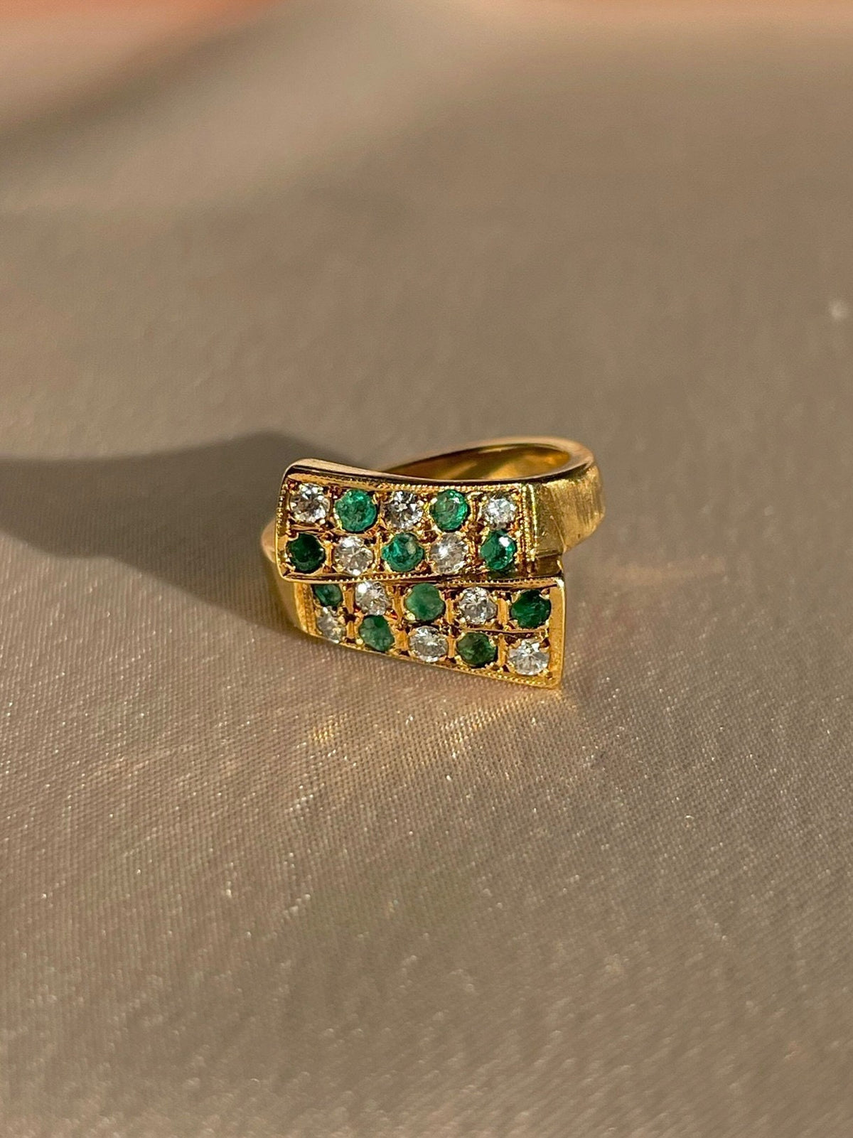 Vintage 18k Emerald Diamond Checkered Bypass Ring
