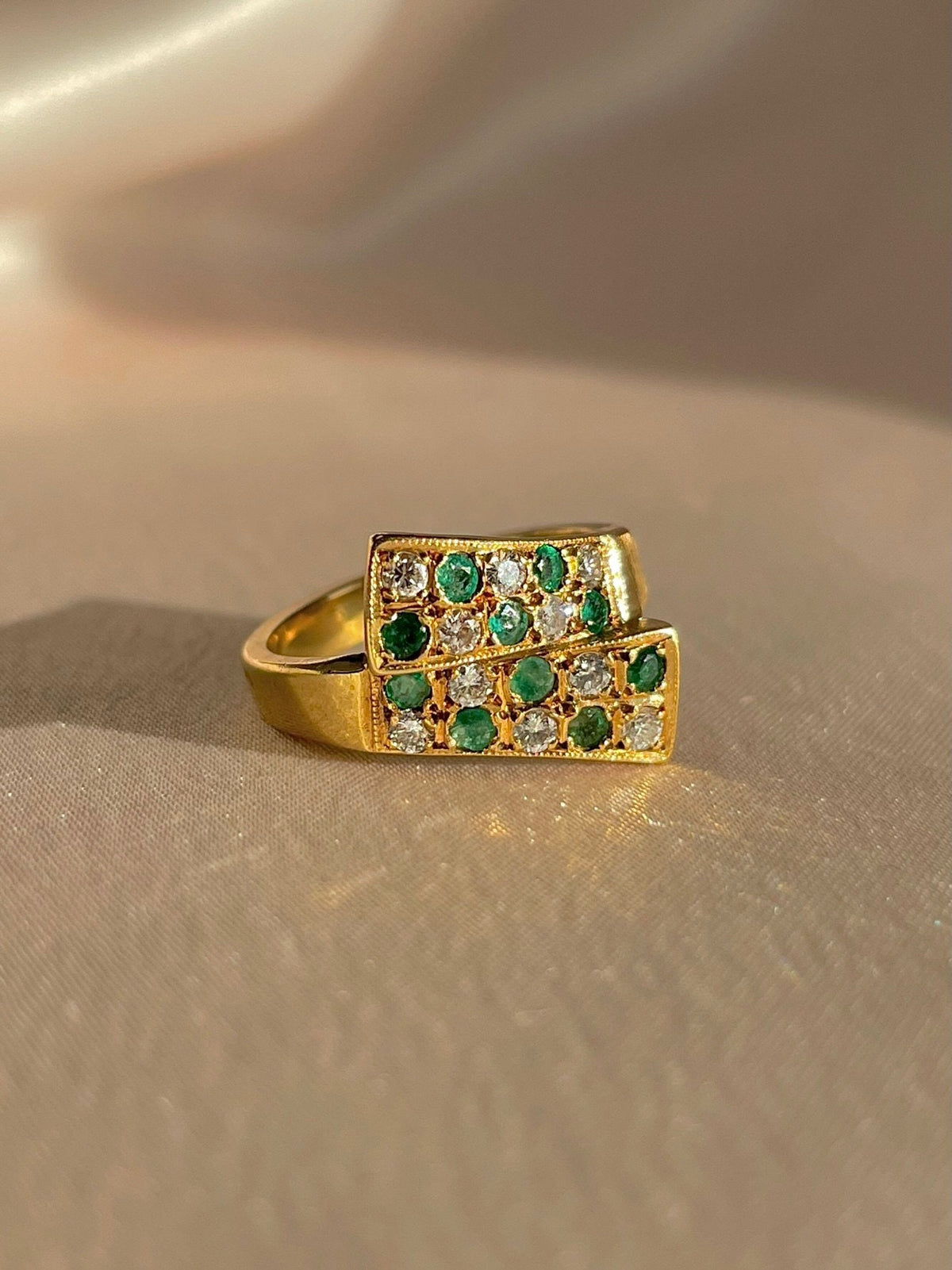 Vintage 18k Emerald Diamond Checkered Bypass Ring