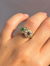 Load image into Gallery viewer, Vintage 9k Emerald Ruby Seed Pearl Heart Ring 1970
