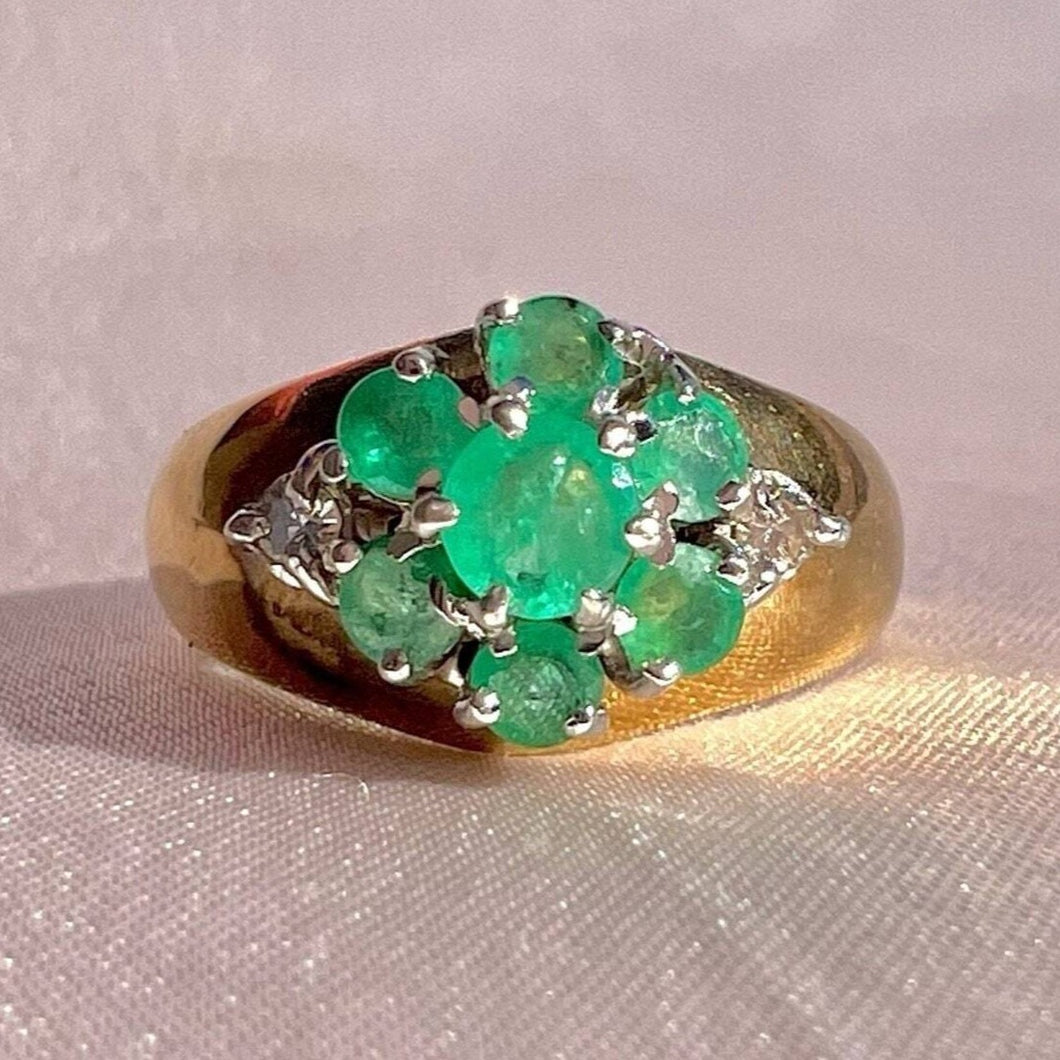 Vintage 9k Emerald Diamond Flower Cluster Ring 1980