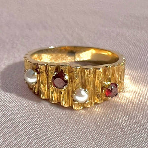 Vintage 9k Garnet Pearl Brutalist Ring 1967