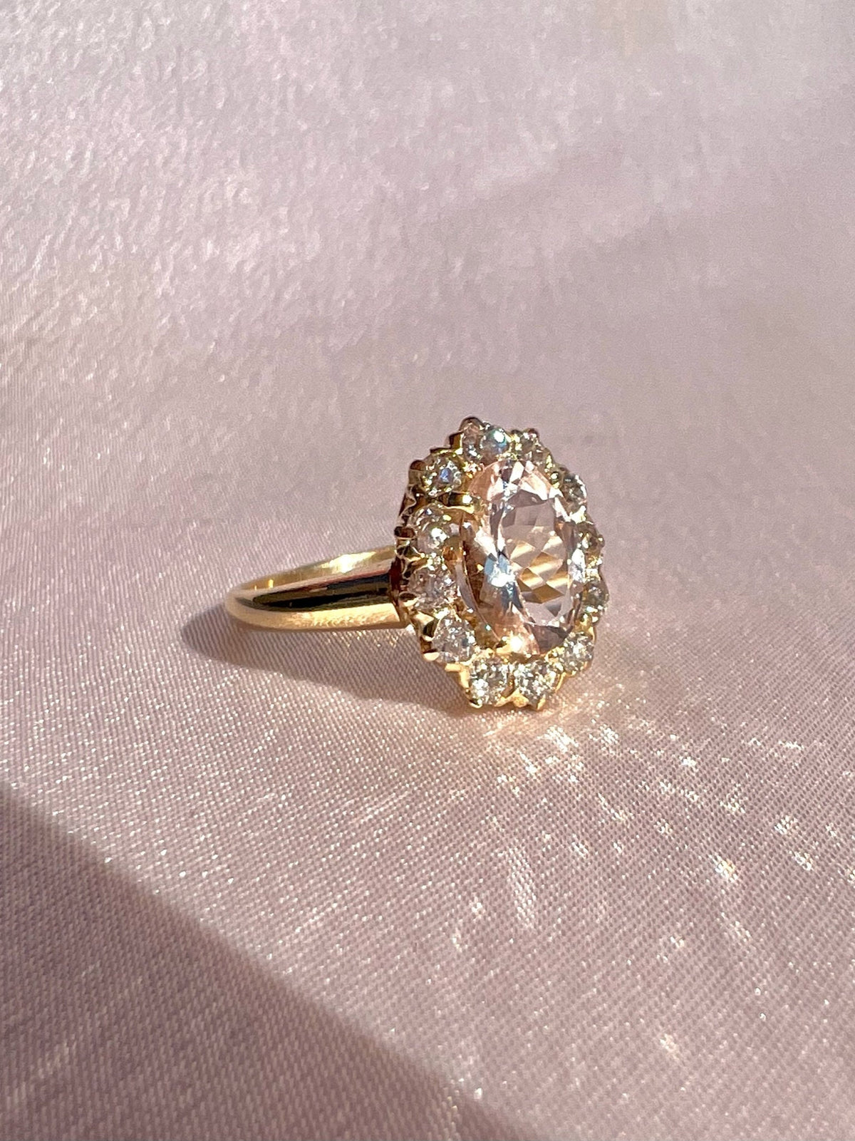 Antique + Vintage 14k Morganite Old Mine Diamond Halo Ring