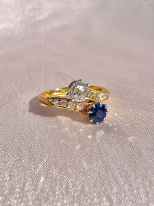 Antique 18k Diamond Sapphire Toi Et Moi Bypass Ring