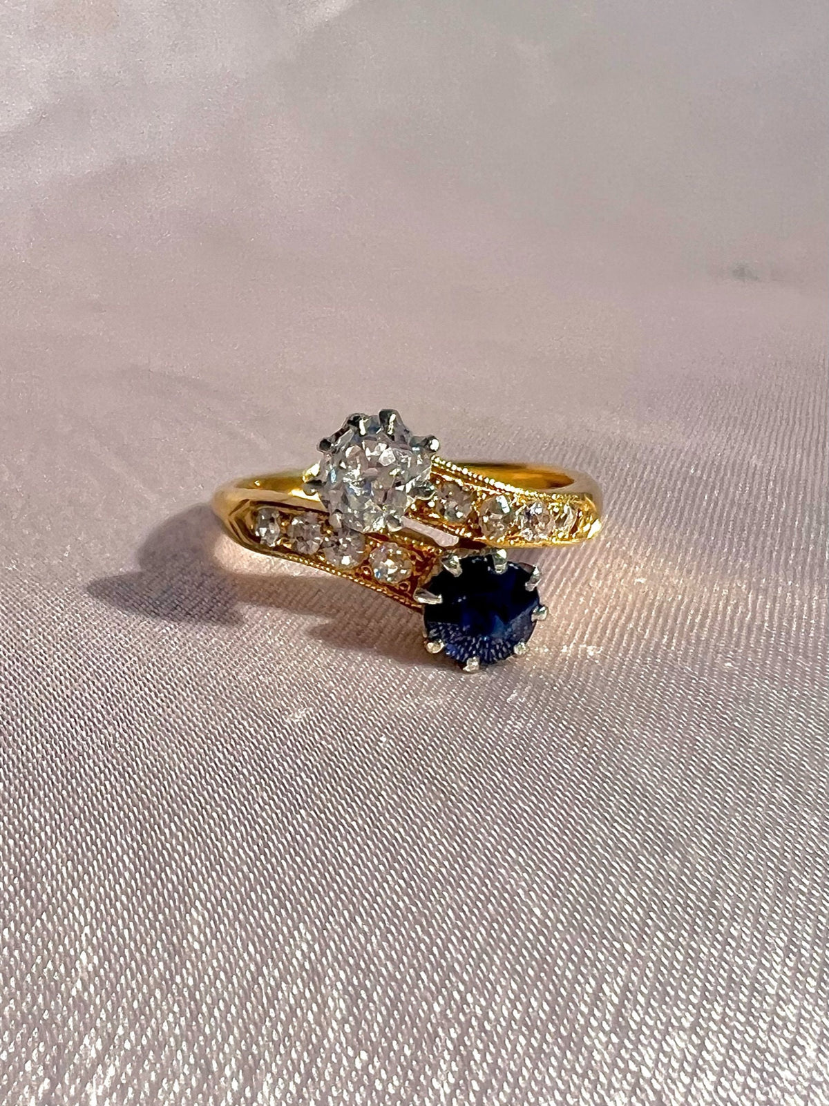 Antique 18k Diamond Sapphire Toi Et Moi Bypass Ring