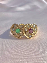 Load image into Gallery viewer, Vintage 9k Emerald Ruby Seed Pearl Heart Ring 1970
