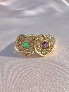 Vintage 9k Emerald Ruby Seed Pearl Heart Ring 1970