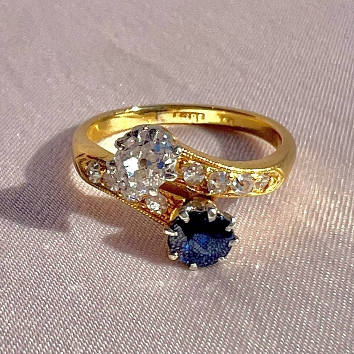 Antique 18k Diamond Sapphire Toi Et Moi Bypass Ring