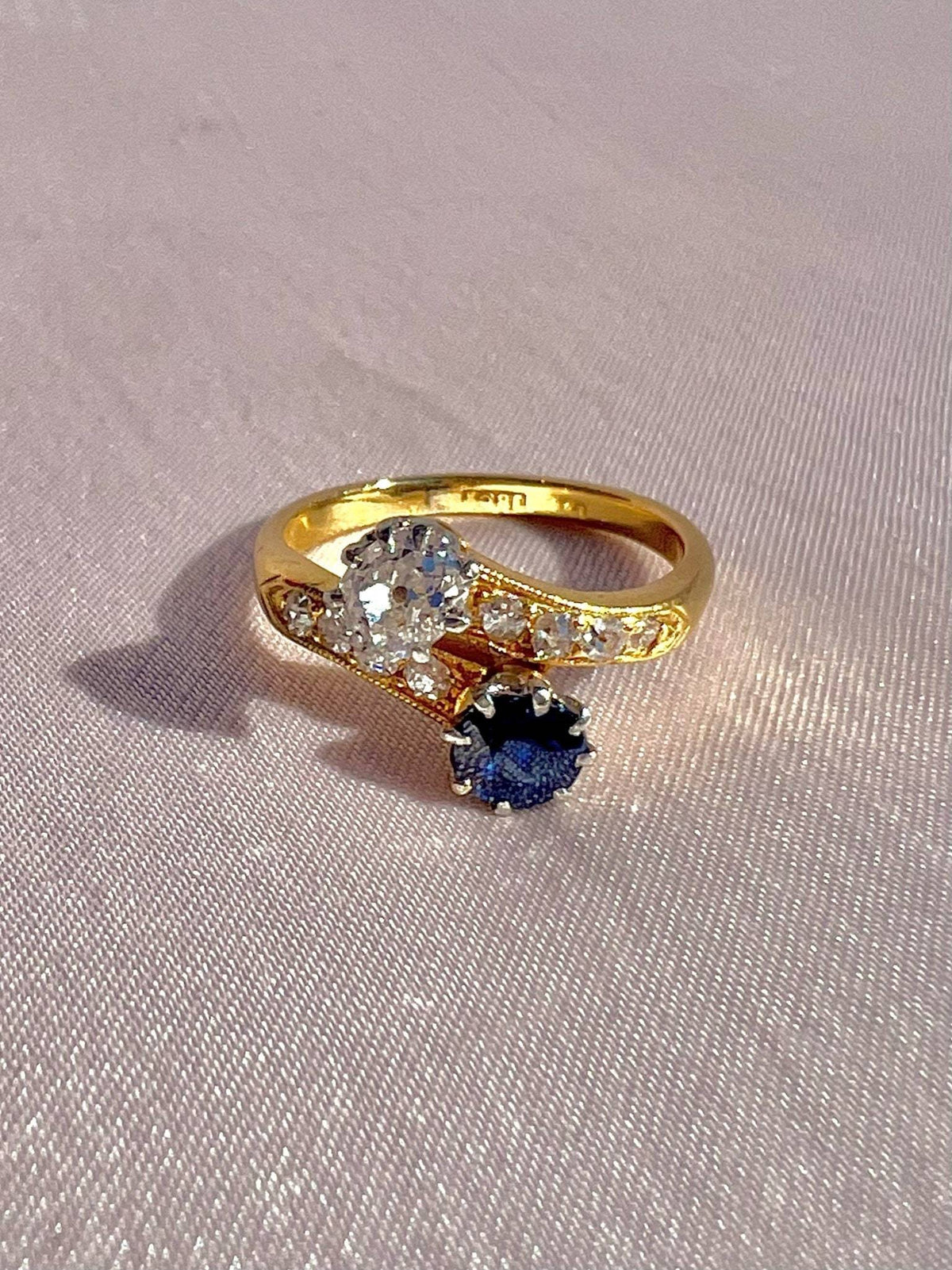 Antique 18k Diamond Sapphire Toi Et Moi Bypass Ring
