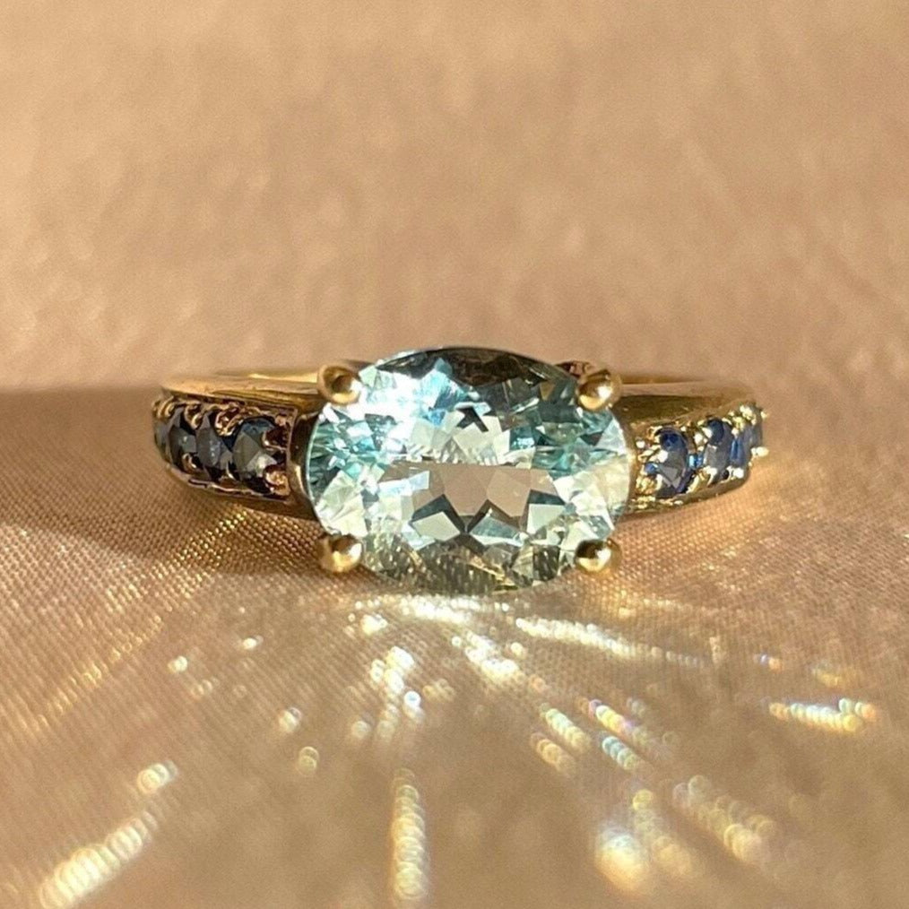 Vintage 9k Topaz Sapphire Oval Dress Ring