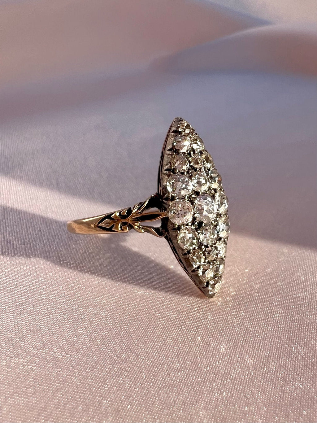 Antique 14k Old Cut Diamond Navette Cluster Ring