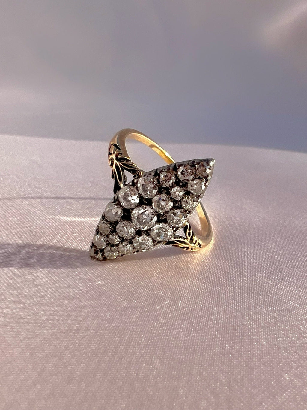 Antique 14k Old Cut Diamond Navette Cluster Ring