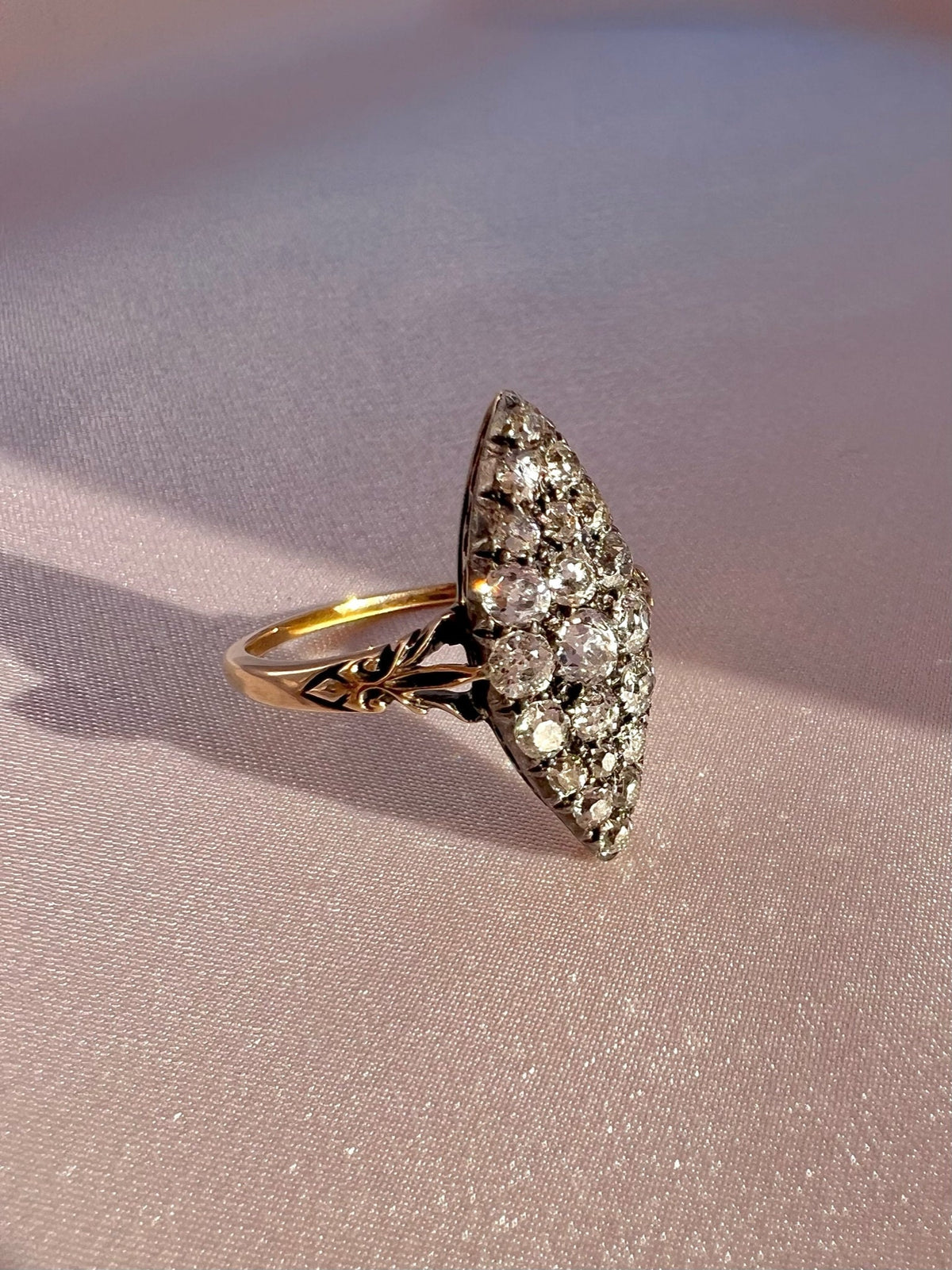 Antique 14k Old Cut Diamond Navette Cluster Ring