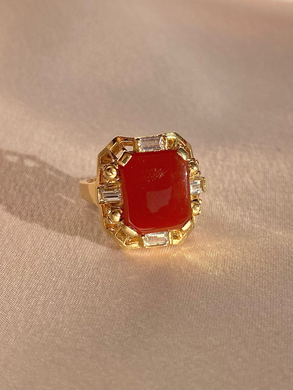Vintage 14k Carnelian Baguette Diamond Dress Ring