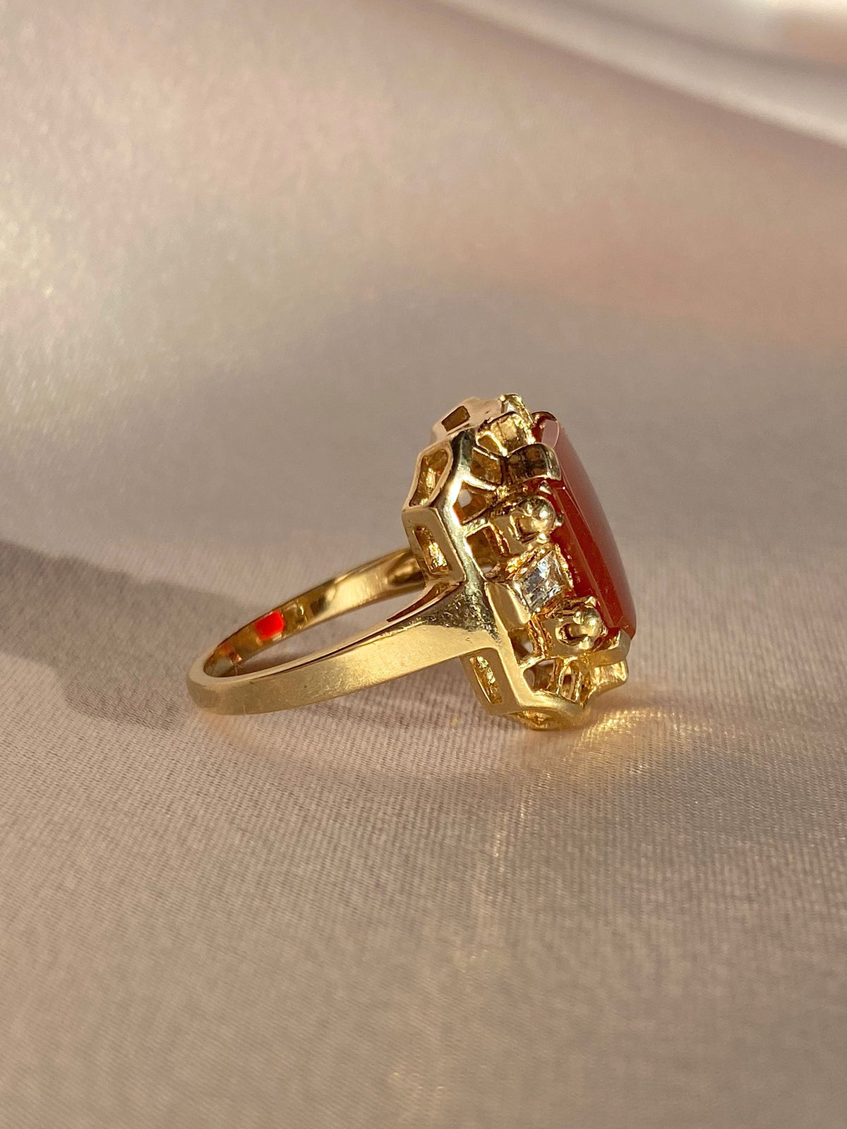 Vintage 14k Carnelian Baguette Diamond Dress Ring