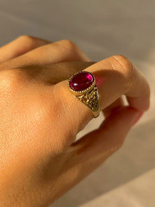 Vintage 9k Synth Ruby Cabochon Openwork Ring 1991