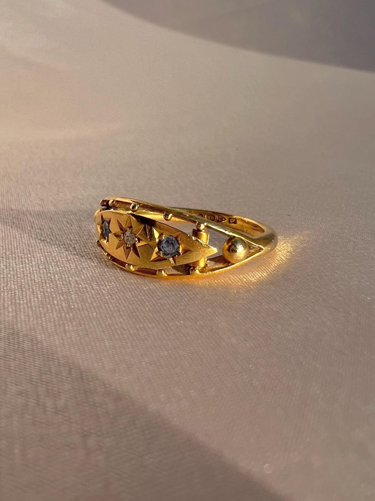 Antique 18k Diamond Sapphire Floating Starburst Gypsy Ring 1914