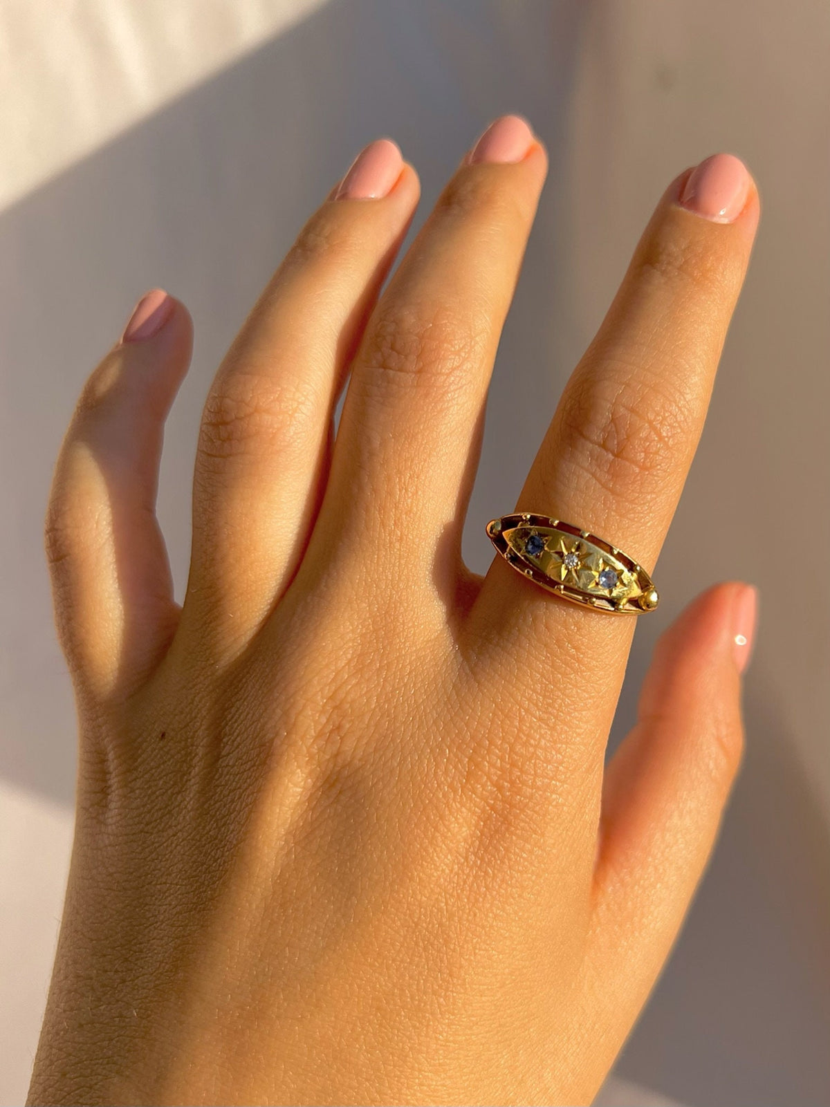 Antique 18k Diamond Sapphire Floating Starburst Gypsy Ring 1914