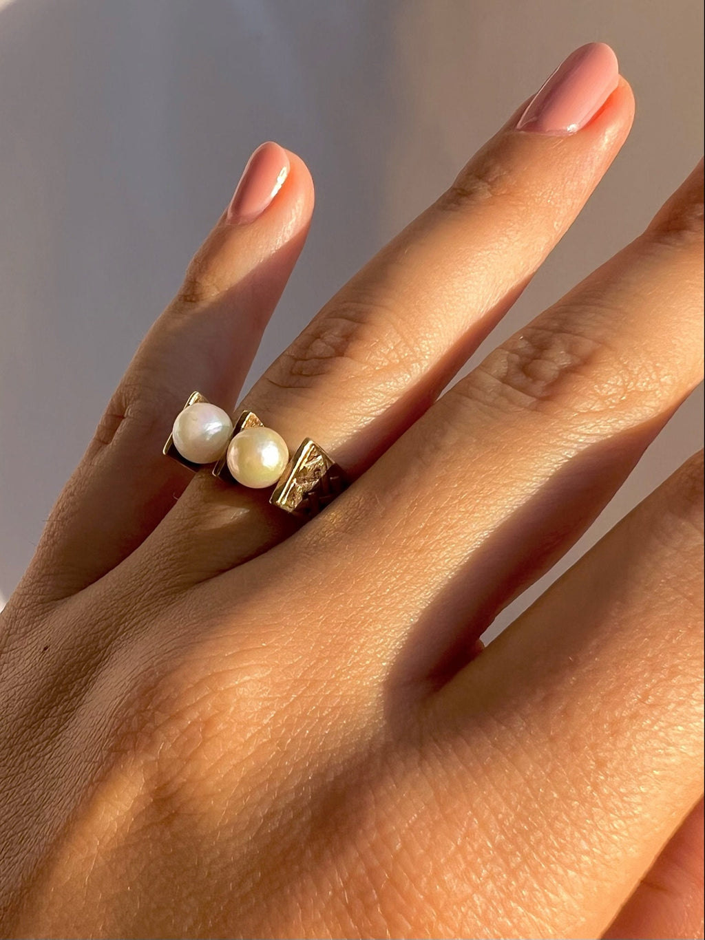 Vintage 9k Double Pearl Celtic Knot Ring 1972