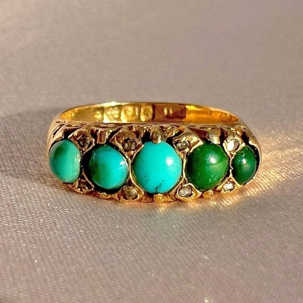 Antique 18k Turquoise Diamond Boat Ring 1899