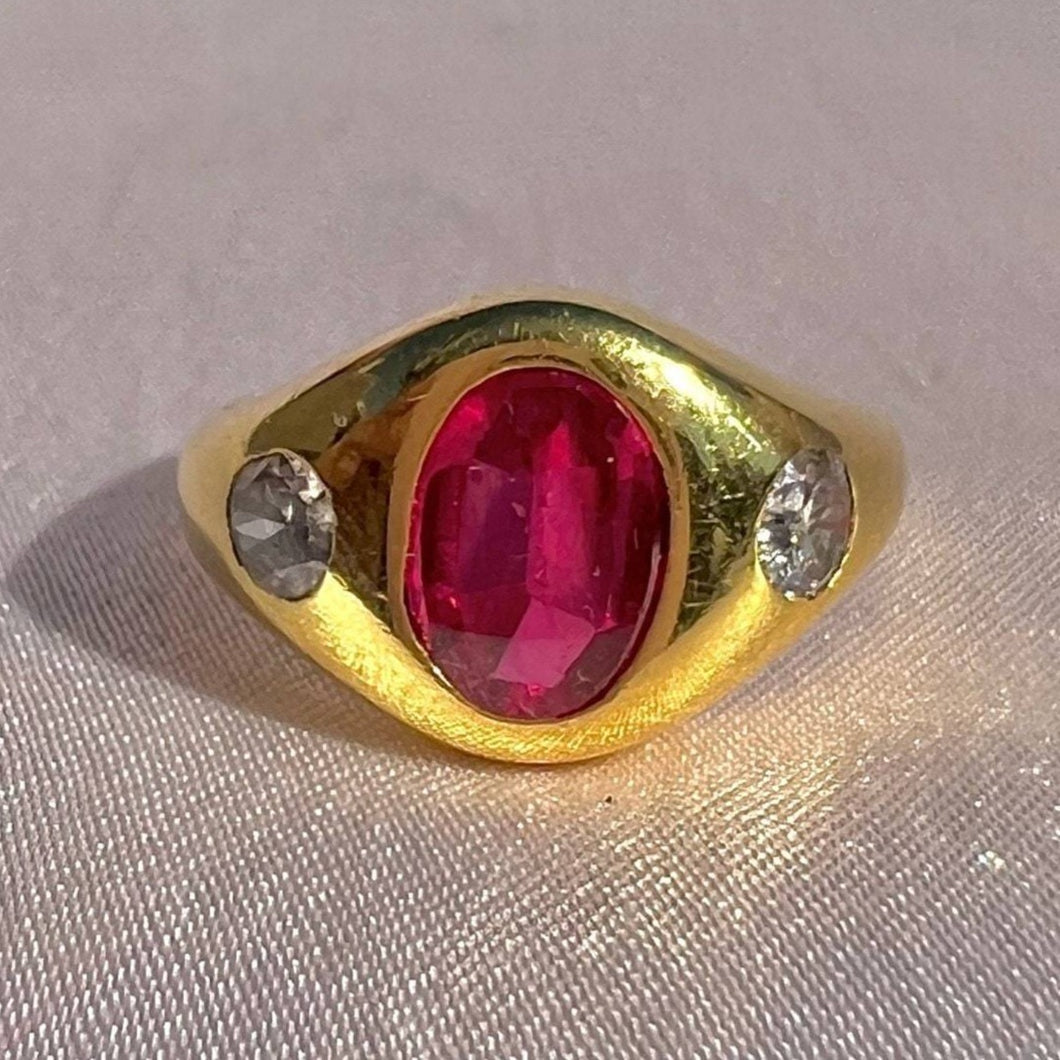Antique 14k Synth Ruby Diamond Gypsy Ring