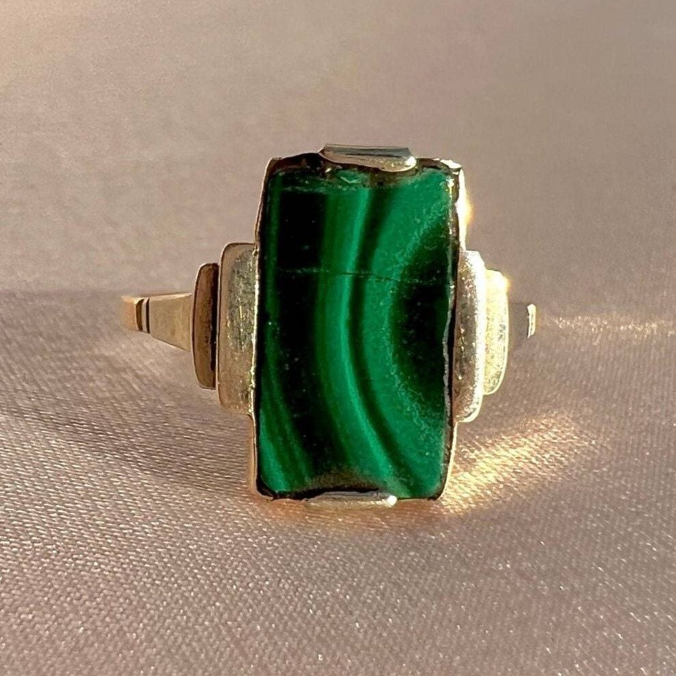 Antique 9k Malachite Rectangle Ring
