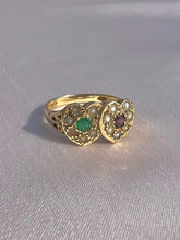 Load image into Gallery viewer, Vintage 9k Emerald Ruby Seed Pearl Heart Ring 1970

