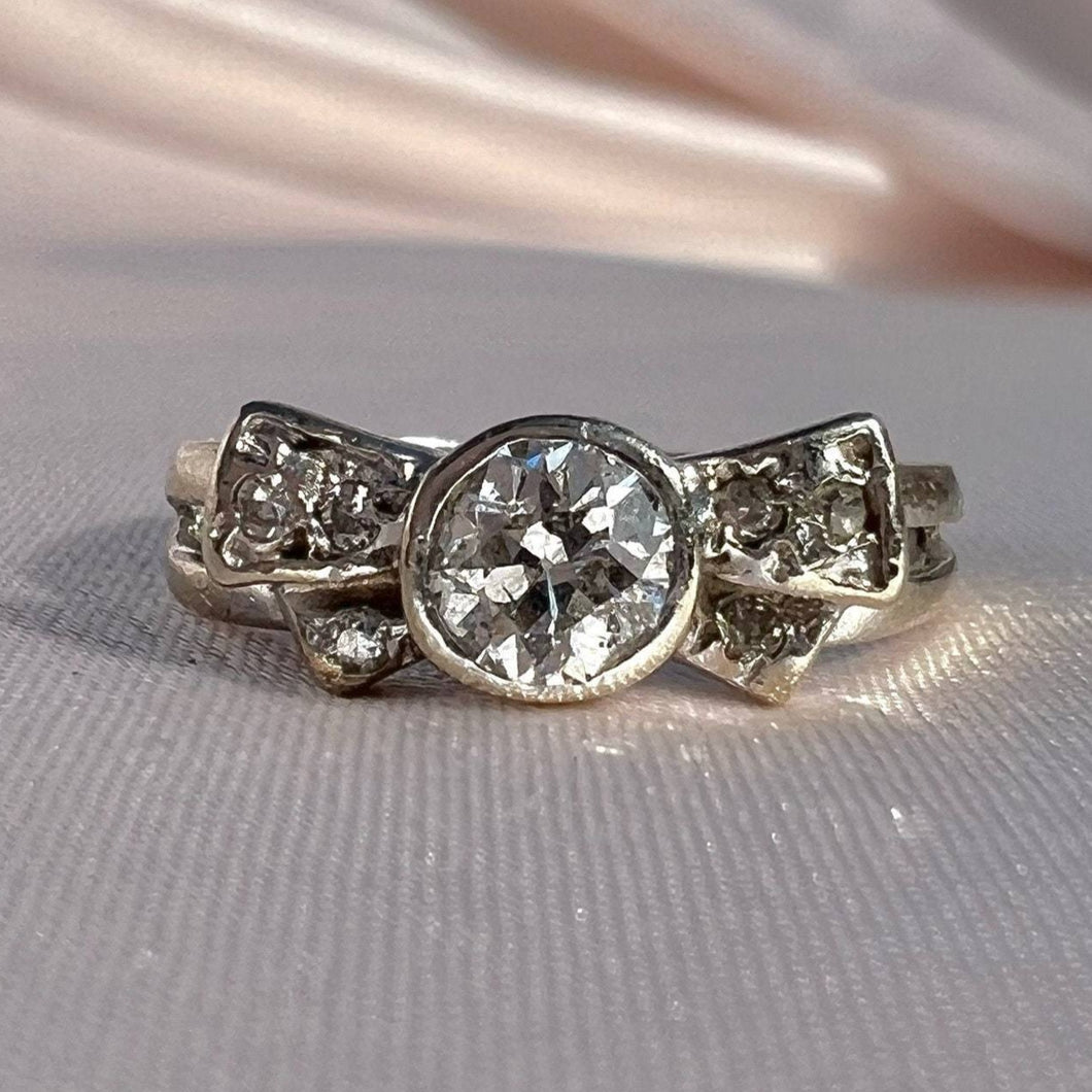 Antique 14k White Gold Old European Diamond Bow Ring