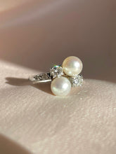 Load image into Gallery viewer, Vintage 18k White Gold Diamond Pearl Crossover Ring
