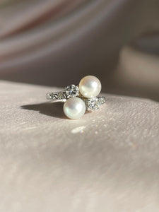 Vintage 18k White Gold Diamond Pearl Crossover Ring