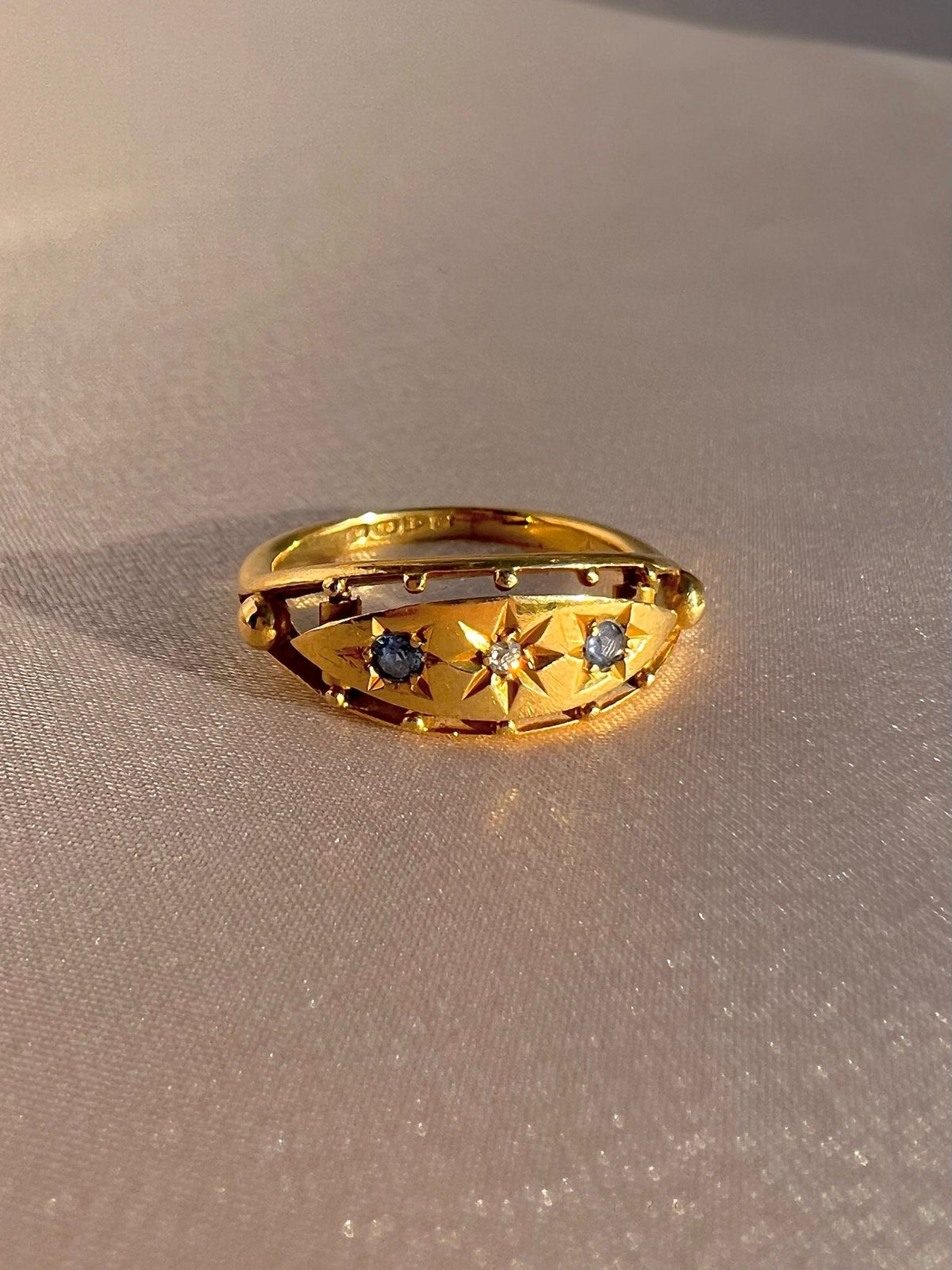 Antique 18k Diamond Sapphire Floating Starburst Gypsy Ring 1914