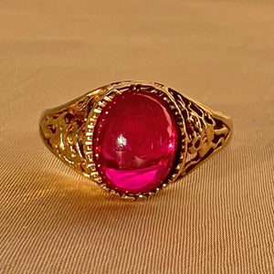 Vintage 9k Synth Ruby Cabochon Openwork Ring 1991