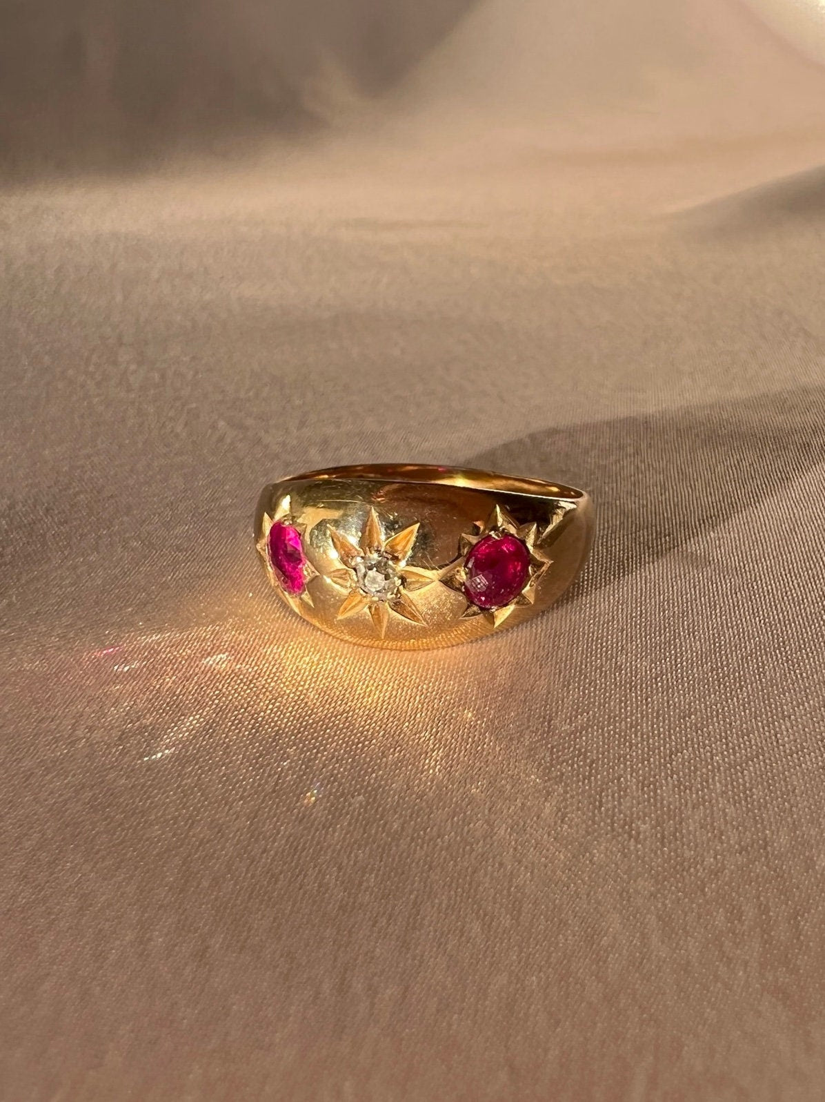 Antique 18k Diamond Ruby Starburst Trilogy Ring 1913