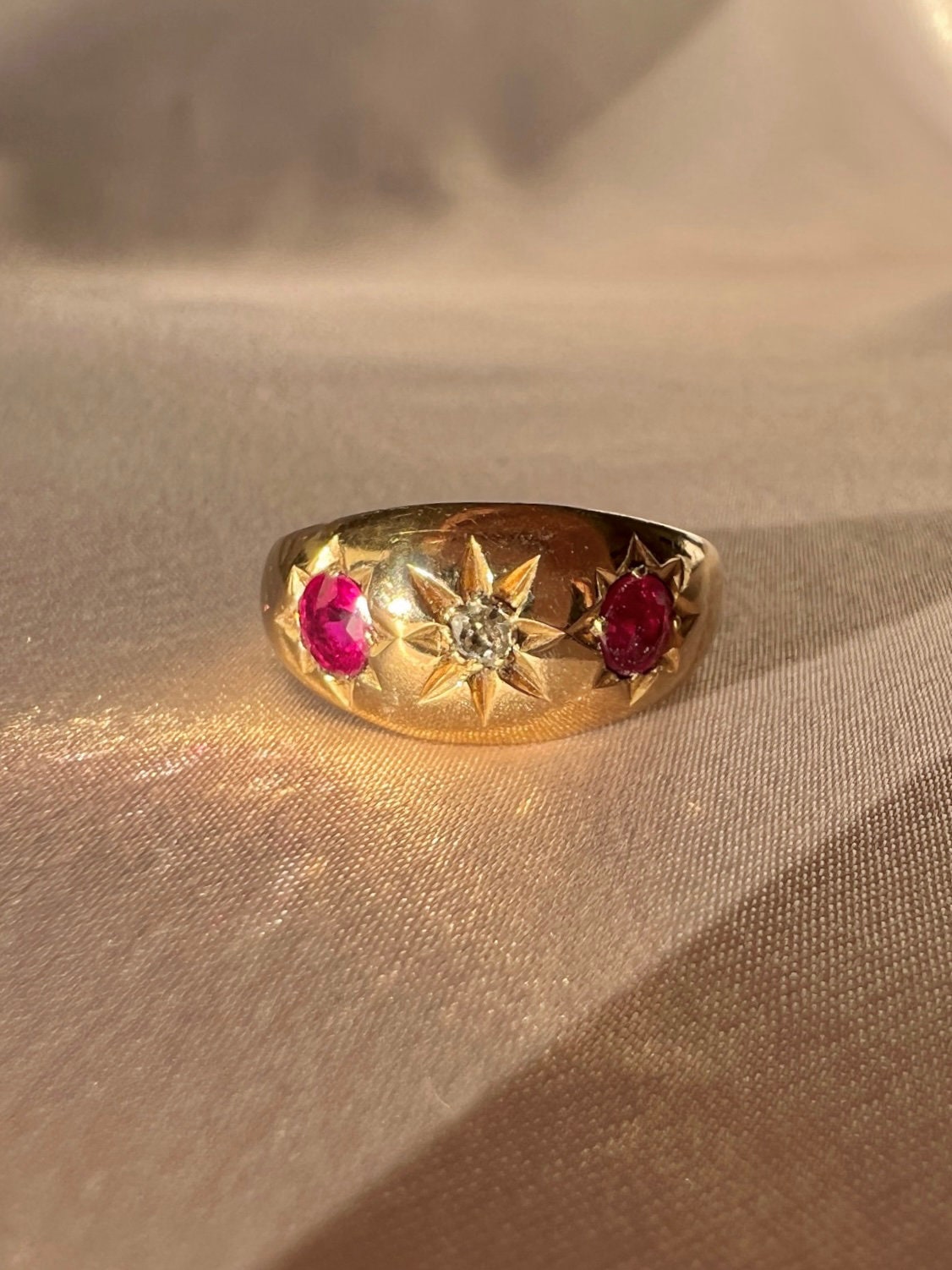 Antique 18k Diamond Ruby Starburst Trilogy Ring 1913