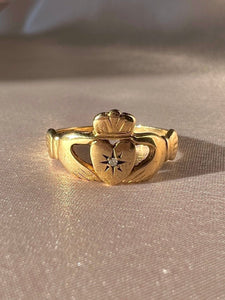 Vintage 9k Diamond Starburst Claddagh Ring
