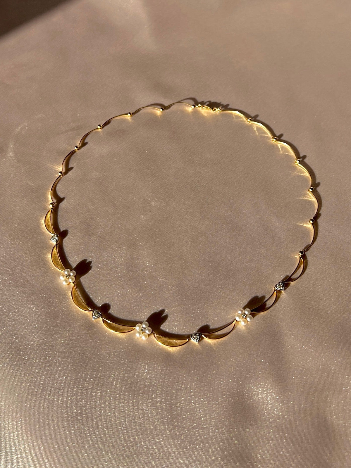 Vintage 14k Diamond Pearl Floral Heart Crescent Necklace