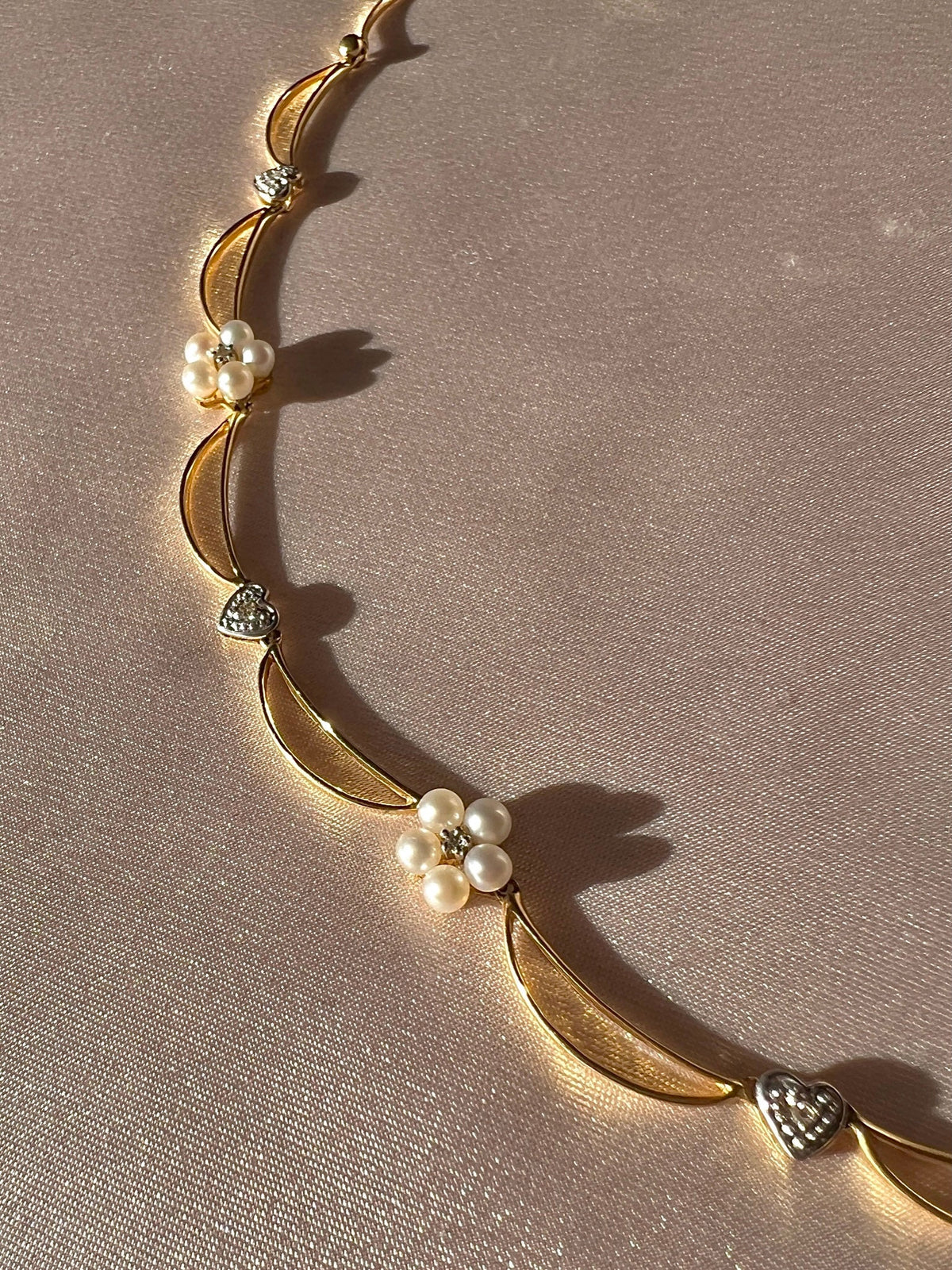 Vintage 14k Diamond Pearl Floral Heart Crescent Necklace