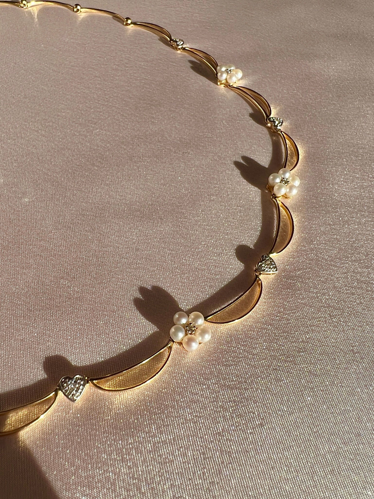 Vintage 14k Diamond Pearl Floral Heart Crescent Necklace