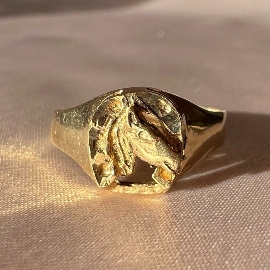 Vintage 10k Horse + Horseshoe Signet Ring