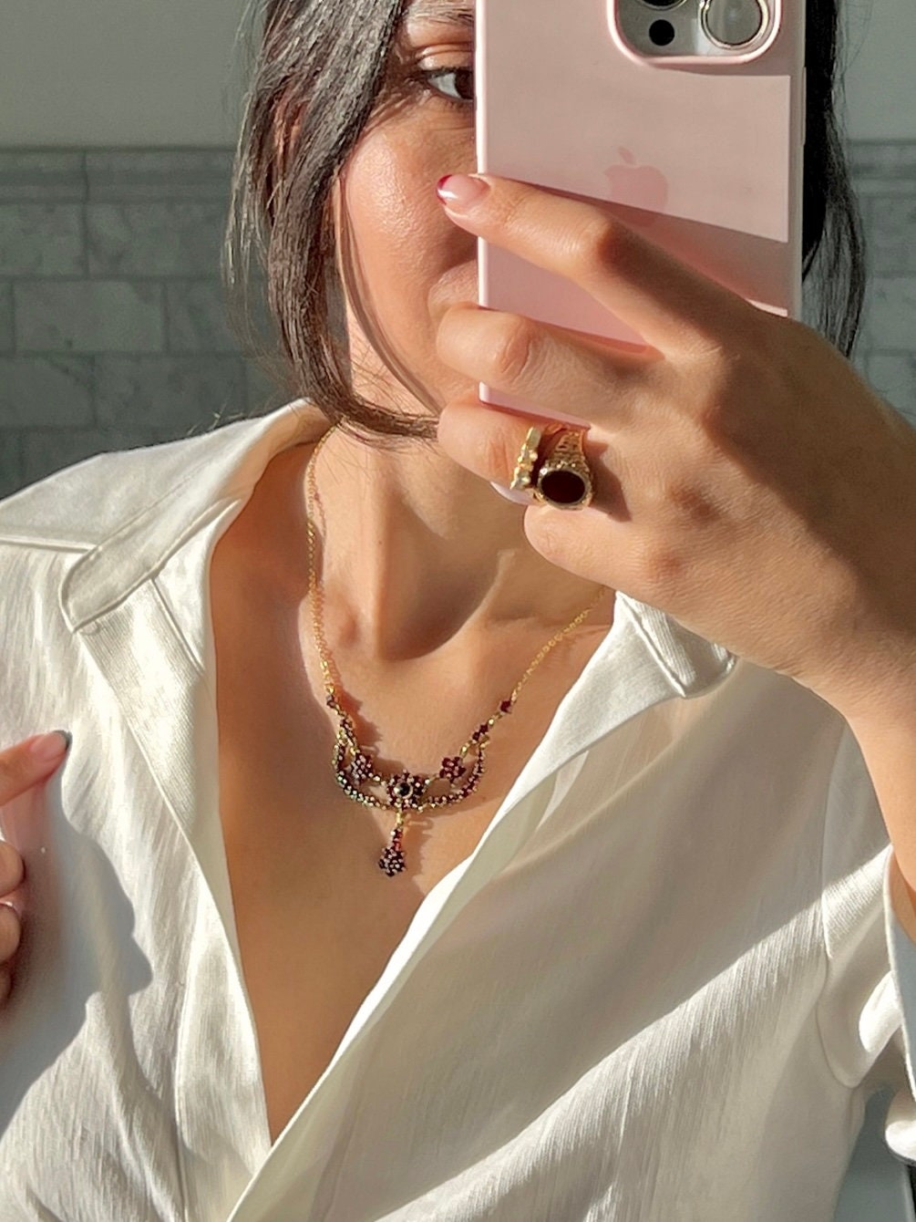 Vintage 9k Garnet Flower Cluster Necklace